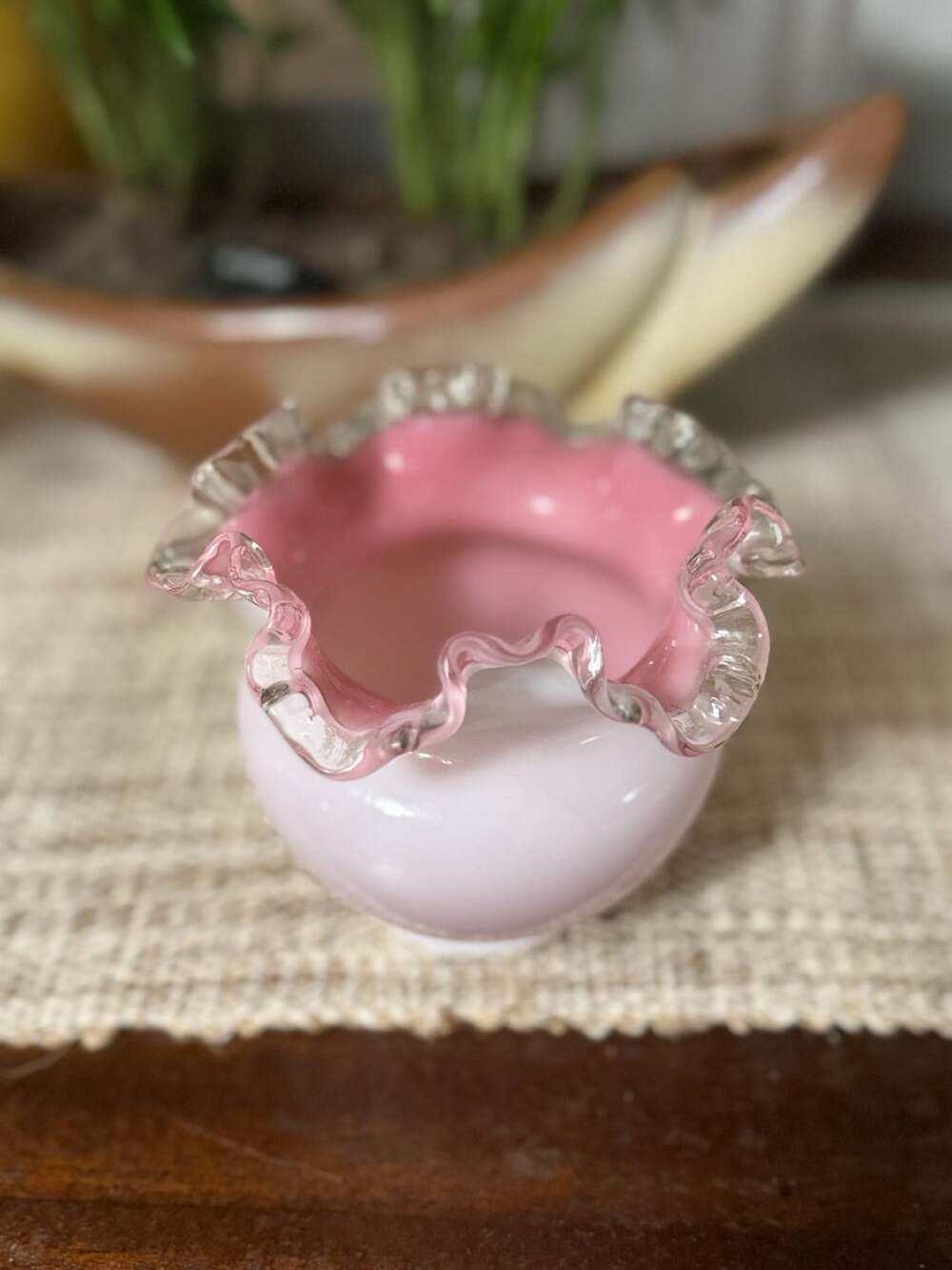 Vintage Fenton Silver Crest Pink and White Ruffled Rose Bowl